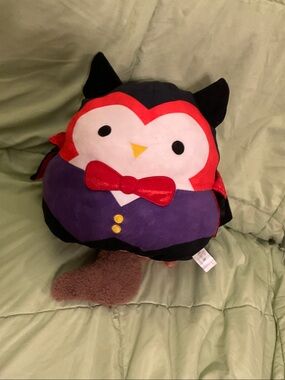 Plush Owl Character Pillow with Red Bowtie and Purple Outfit